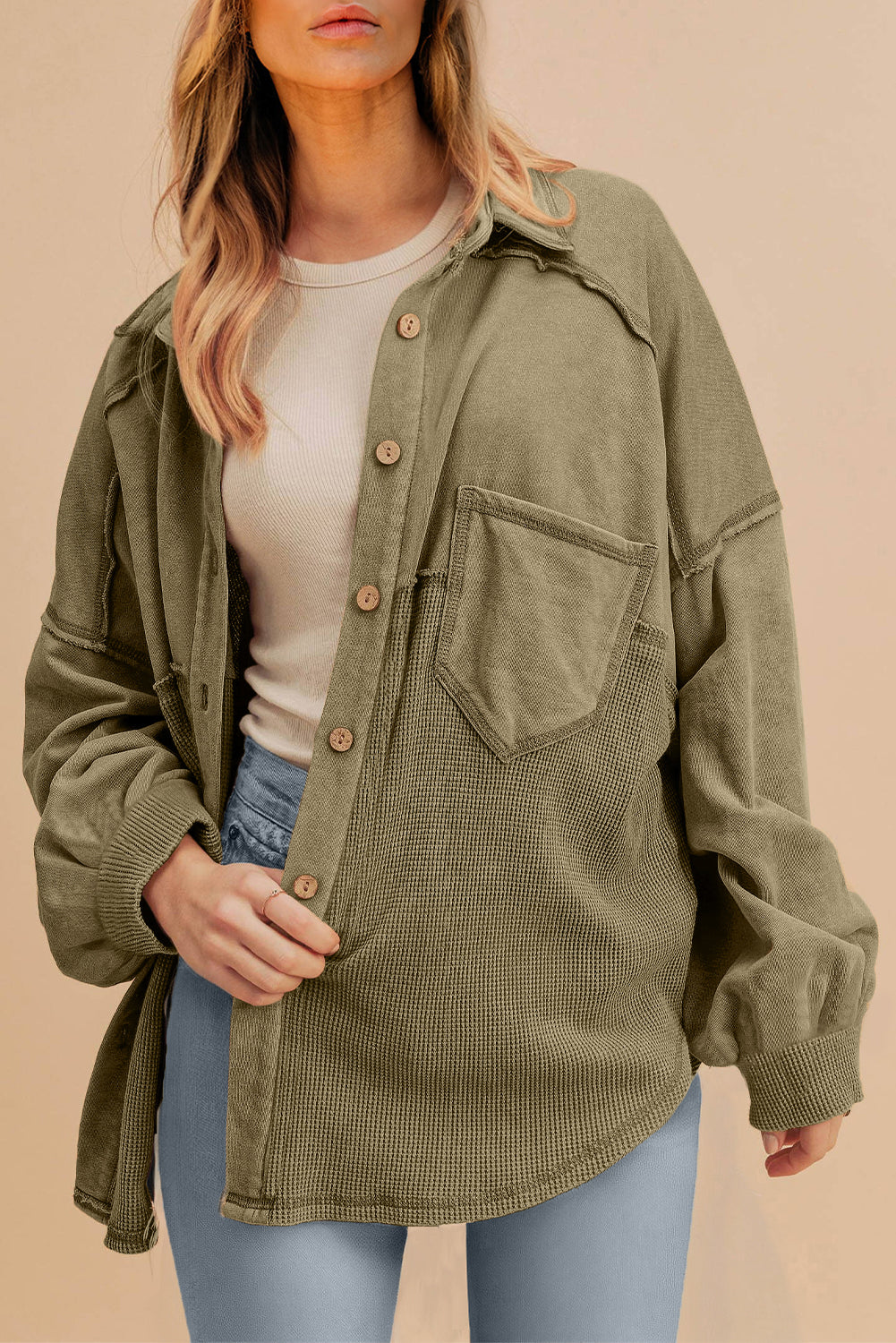 KaleaBoutique Waffle Knit Patchwork Buttoned Oversized Shacket - KaleaBoutique.com