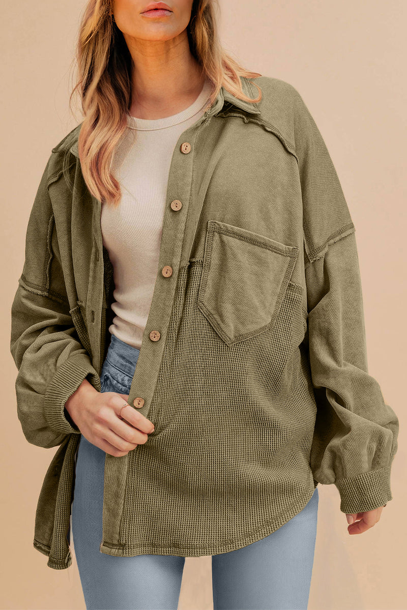 KaleaBoutique Waffle Knit Patchwork Buttoned Oversized Shacket - KaleaBoutique.com