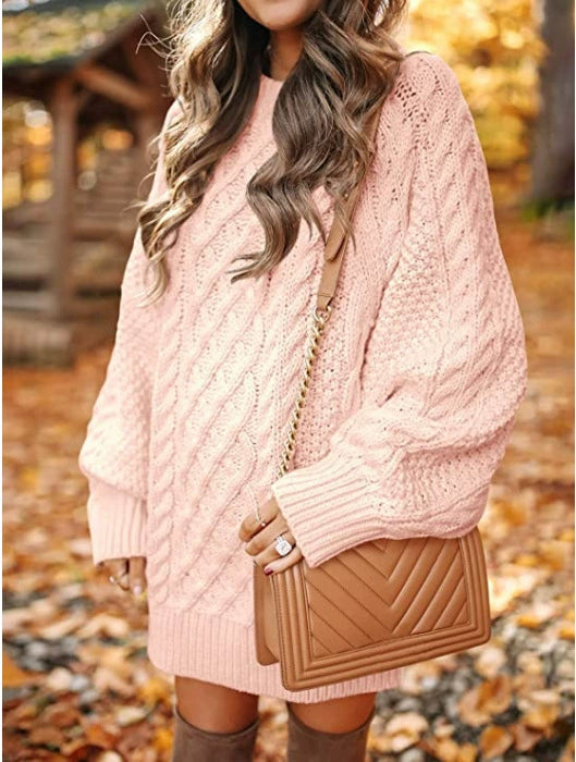 Women's Round-Neck Cable-Pattern Balloon-Sleeve Sweater Dress - KaleaBoutique.com
