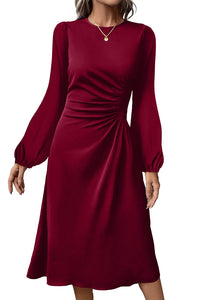 Solid Color Ruched Detail Long Sleeve Midi Dress - KaleaBoutique.com