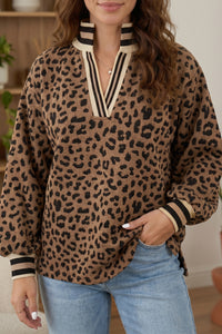 KaleaBoutique Stylish Leopard Print Striped Trim Collar Long Sleeve Shift Pullover - KaleaBoutique.com
