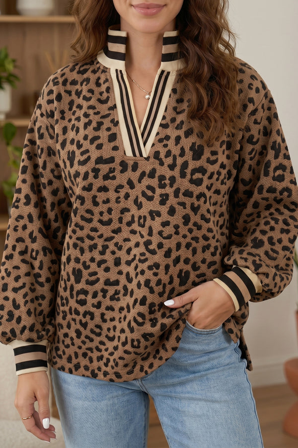 KaleaBoutique Stylish Leopard Print Striped Trim Collar Long Sleeve Shift Pullover - KaleaBoutique.com