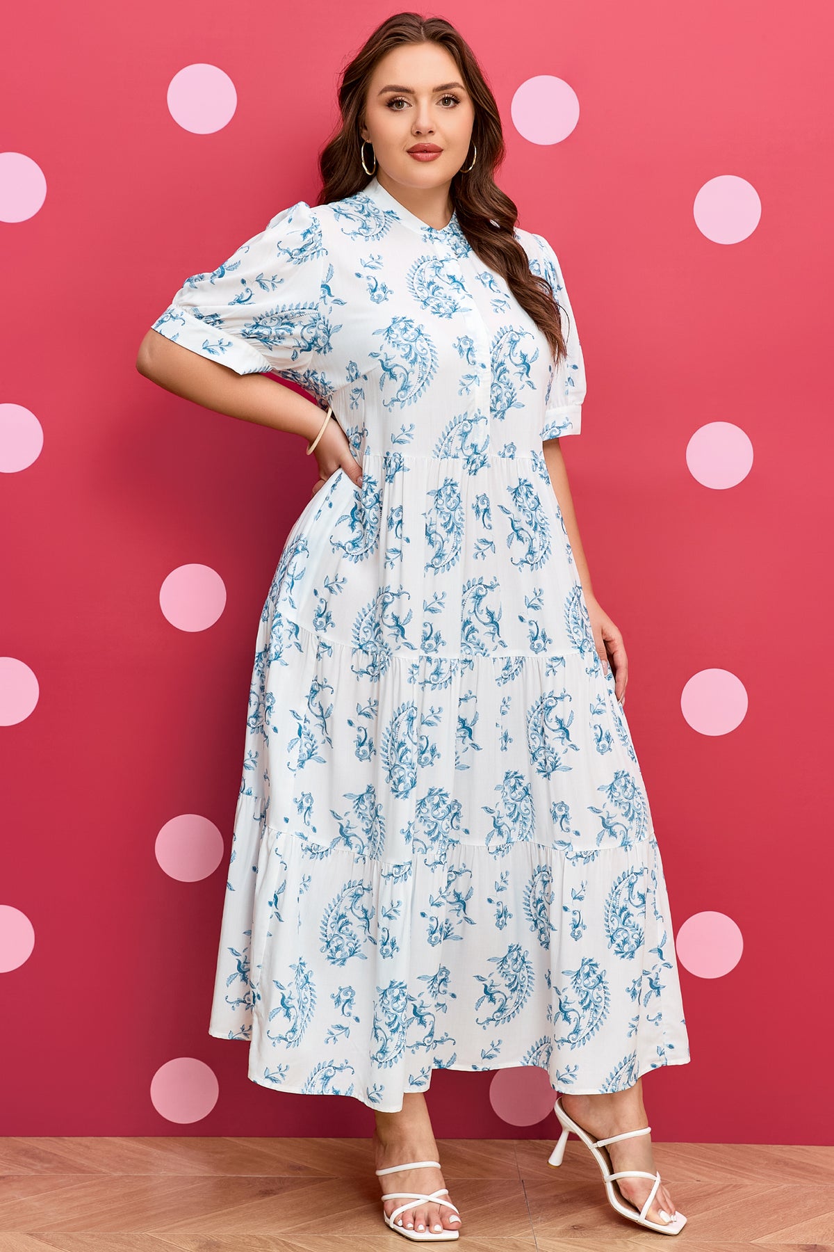 Sky Blue Plus Size Geometric Floral Tiered Maxi Dress - KaleaBoutique.com