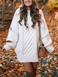 Women's Round-Neck Cable-Pattern Balloon-Sleeve Sweater Dress - KaleaBoutique.com