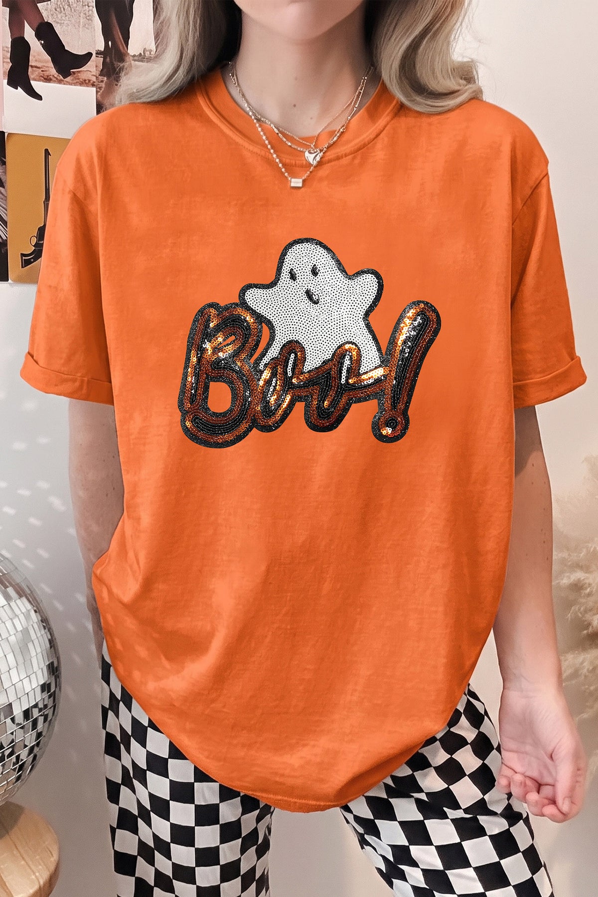 Orange Sequin Ghost Halloween Short Sleeve Graphic Tee - KaleaBoutique.com
