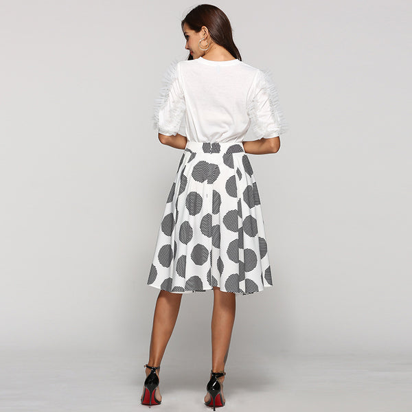 Large Polka Dot Round Slim Fit Mid-Length Skirt With Large Hem - KaleaBoutique.com
