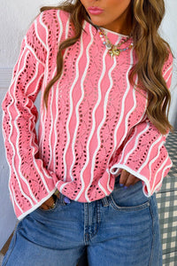 Wavy Detail Hollow Out Knit Long Sleeve Cotton Pullover Sweater - KaleaBoutique.com