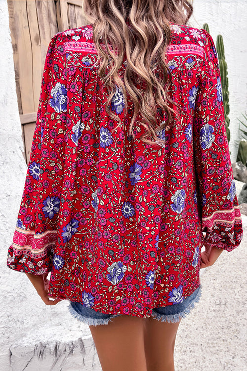 KaleaBoutique Chic Bohemian Floral Print Tassel Tie Front Long Sleeve Blouse - KaleaBoutique.com