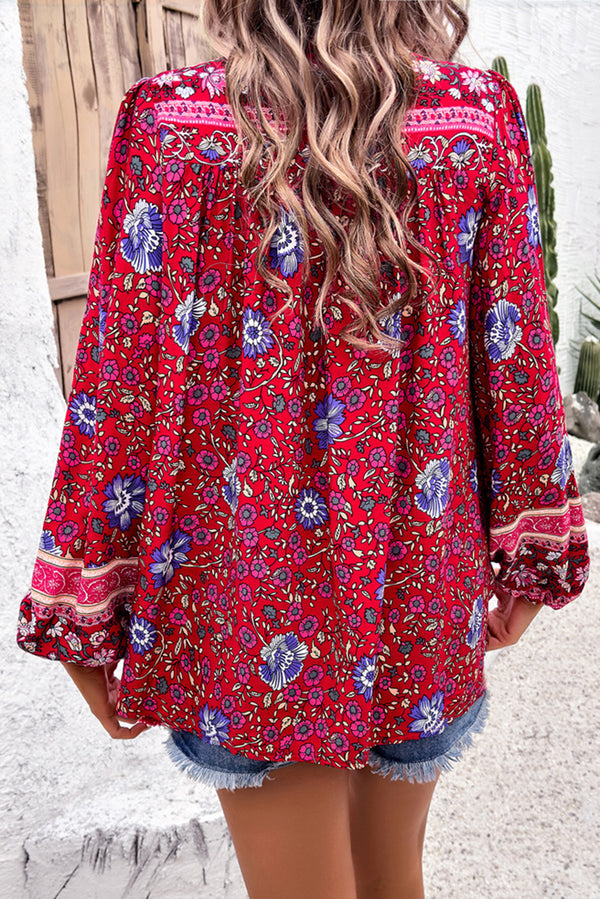 KaleaBoutique Chic Bohemian Floral Print Tassel Tie Front Long Sleeve Blouse - KaleaBoutique.com