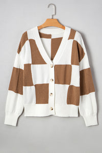 KaleaBoutique Stylish Checkered Pattern Ribbed Detail Button V Neck Sweater Cardigan - KaleaBoutique.com