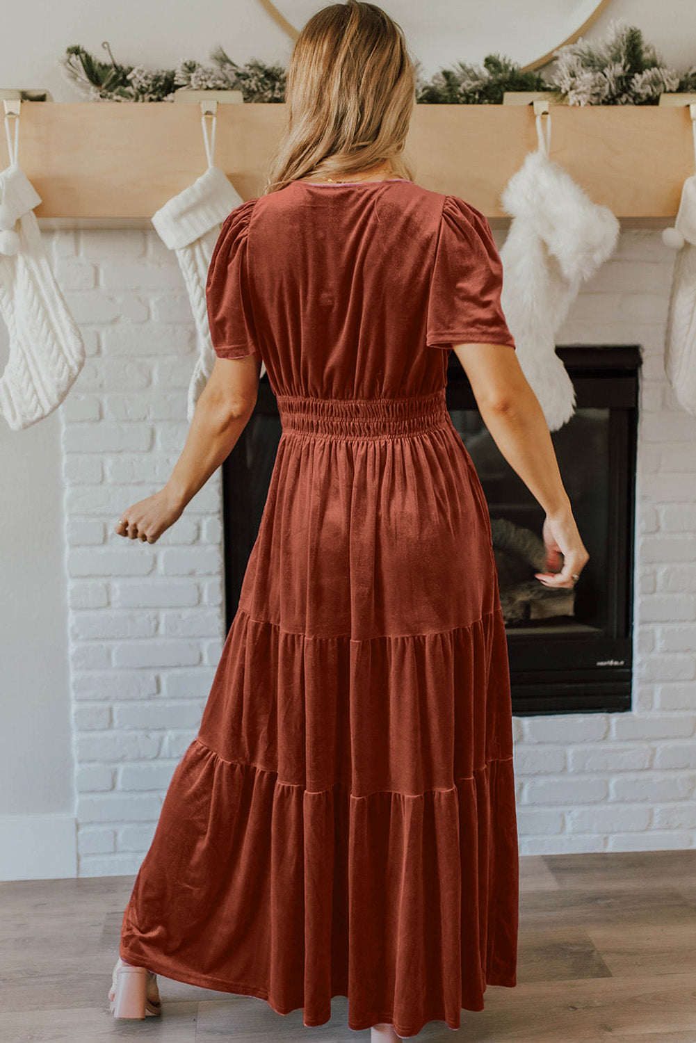 KaleaBoutique Stylish Velvet Short Sleeve Shirred Waist Tiered Maxi Dress - KaleaBoutique.com