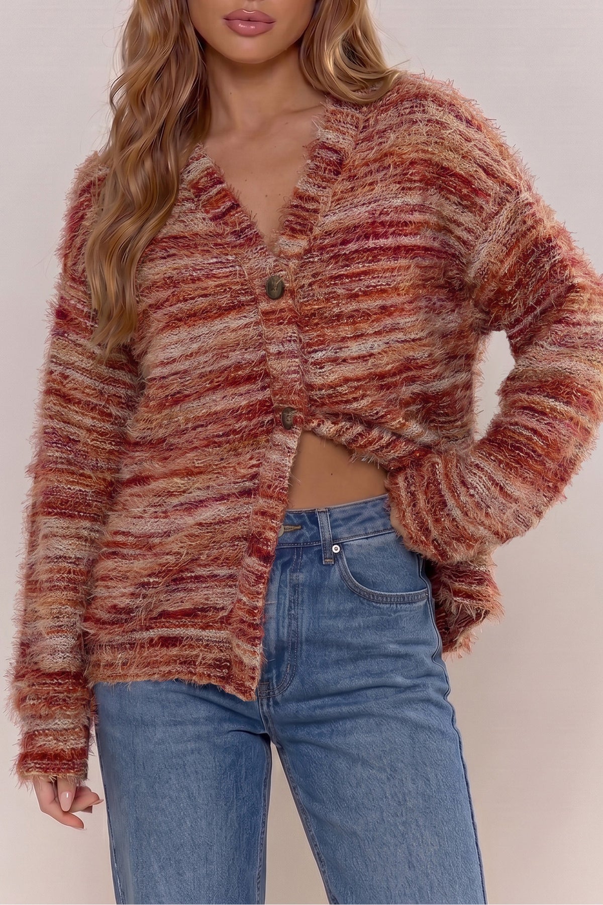 KaleaBoutique Stylish Fuzzy Striped Button Front Cardigan Sweater - KaleaBoutique.com