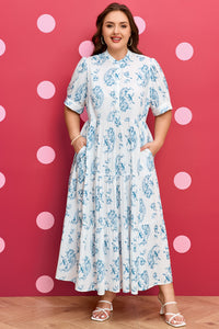 Sky Blue Plus Size Geometric Floral Tiered Maxi Dress - KaleaBoutique.com