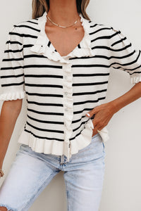 KaleaBoutique Comfortable Ruffle Trim Button Down Knit Short Sleeve Sweater Cardigan - KaleaBoutique.com