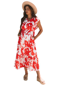 KaleaBoutique Stylish Floral Print Trimmed V Neck Ruffle Sleeve Long Dress - KaleaBoutique.com