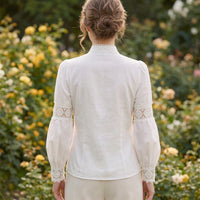 Women's Lace-Panel Lantern-Sleeve Button-Front Blouse