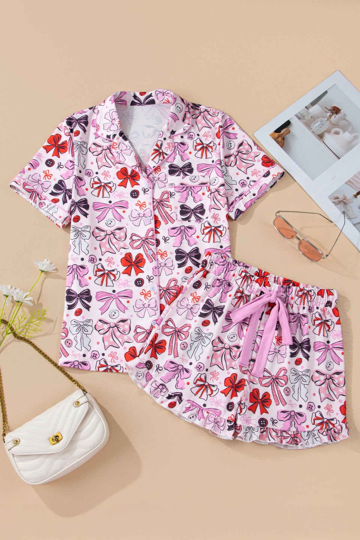 KaleaBoutique Stylish Cute Ribbon Bows Printed 2pcs Short Pajama Set - KaleaBoutique.com
