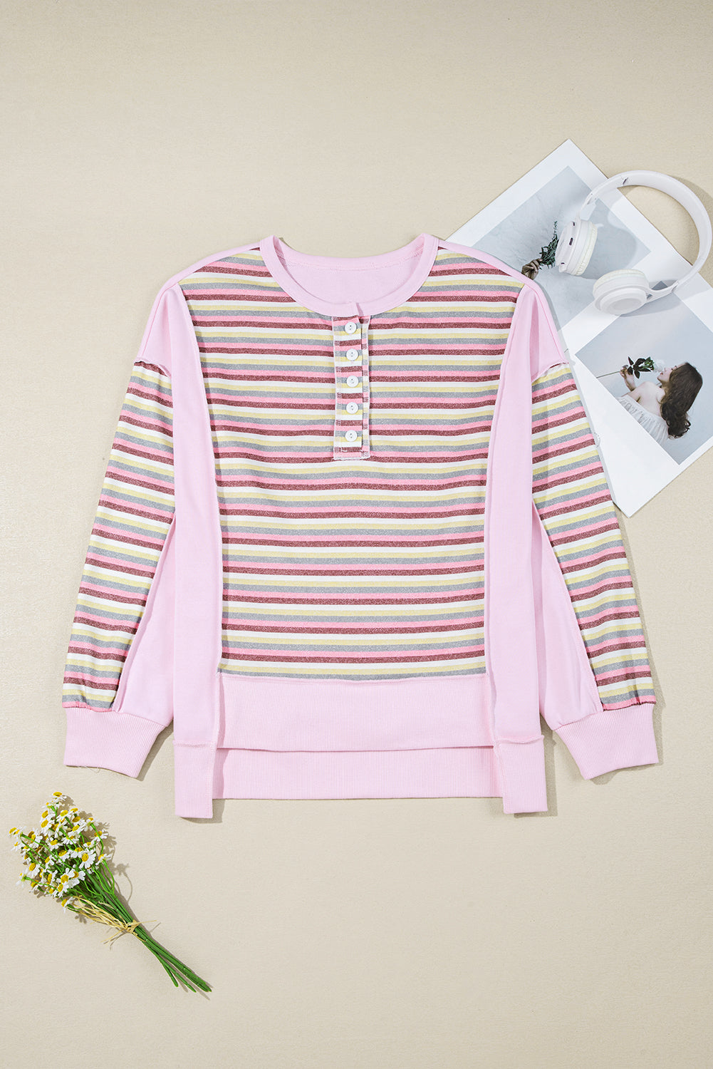 KaleaBoutique Stylish Exposed Seam Color Block Striped Patchwork Loose Henley Sweatshirt - KaleaBoutique.com