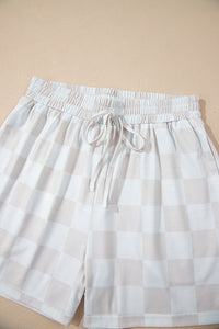 KaleaBoutique Stylish Checkered V Neck Tee Drawstring Shorts Lounge Set - KaleaBoutique.com