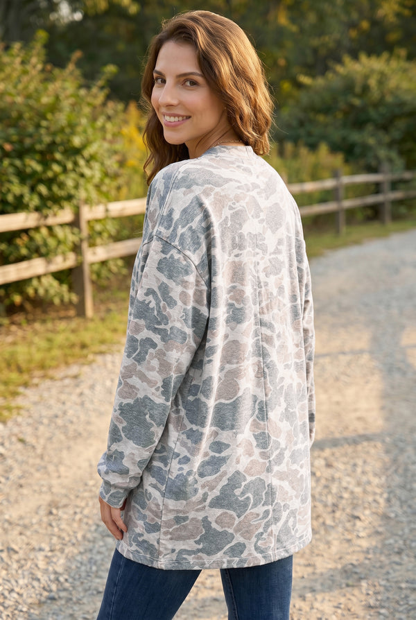 KaleaBoutique Stylish Camouflage Print Long Sleeve Open Front Tunic Cardigan - KaleaBoutique.com