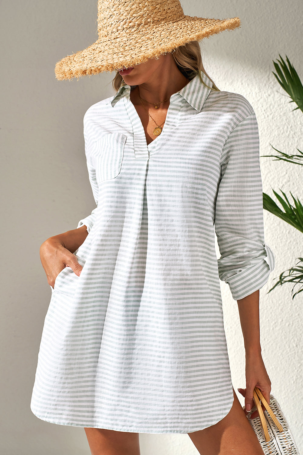 Collared V Neck Chest Pocket Long Sleeve Beach Cover up - KaleaBoutique.com