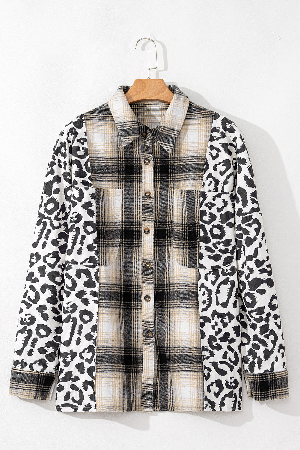 KaleaBoutique Plus Size Plaid Leopard Printed Patchwork Button Up Shacket - KaleaBoutique.com