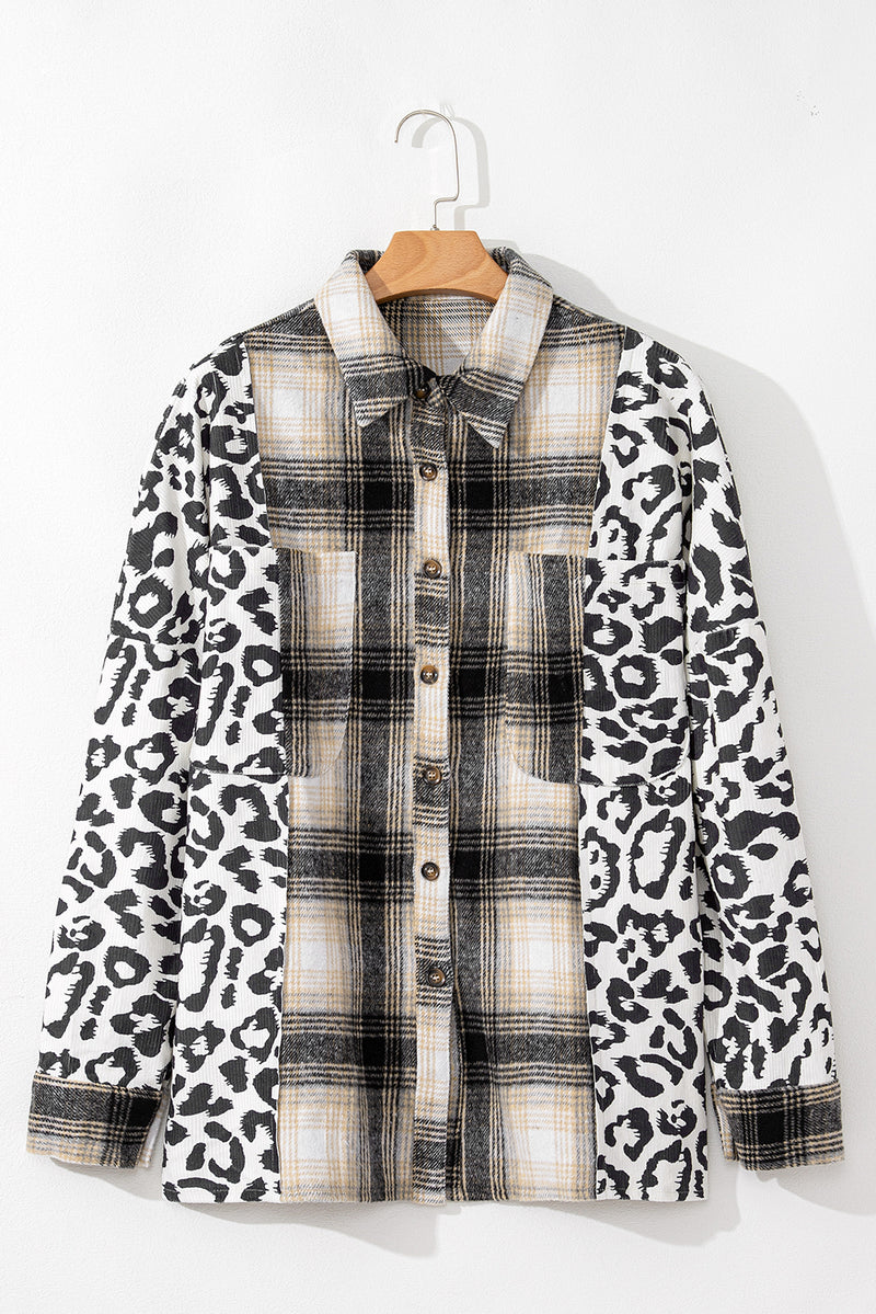 KaleaBoutique Plus Size Plaid Leopard Printed Patchwork Button Up Shacket - KaleaBoutique.com