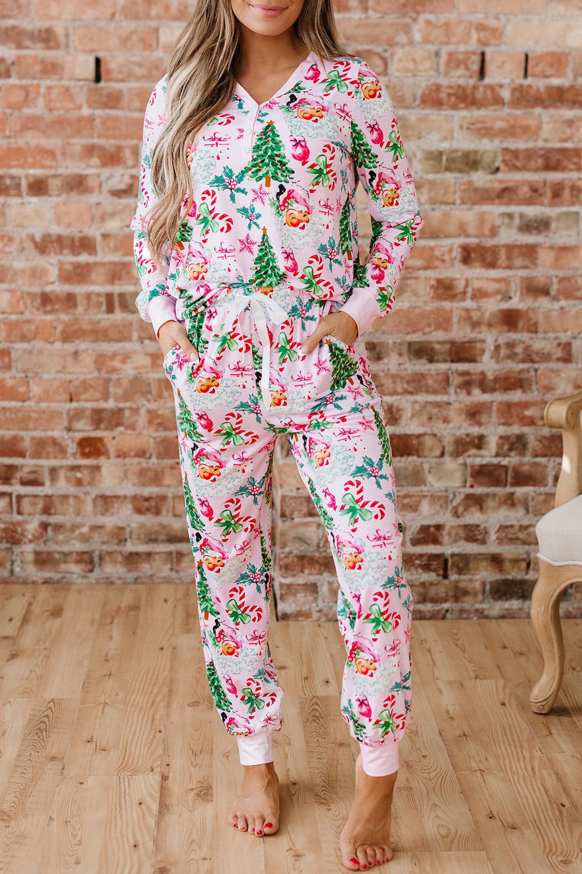 KaleaBoutique Comfortable Christmas Pattern Button V Neck Pullover Drawstring Pants 2pcs Lounge Set - KaleaBoutique.com