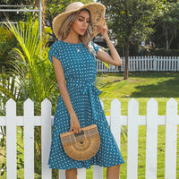 Women's Polka-Dot Round-Neck Tie-Waist Midi Dress - KaleaBoutique.com
