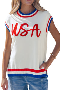 KaleaBoutique Stylish USA Contrast Striped Trim Round Neck Short Sleeve Sweater - KaleaBoutique.com