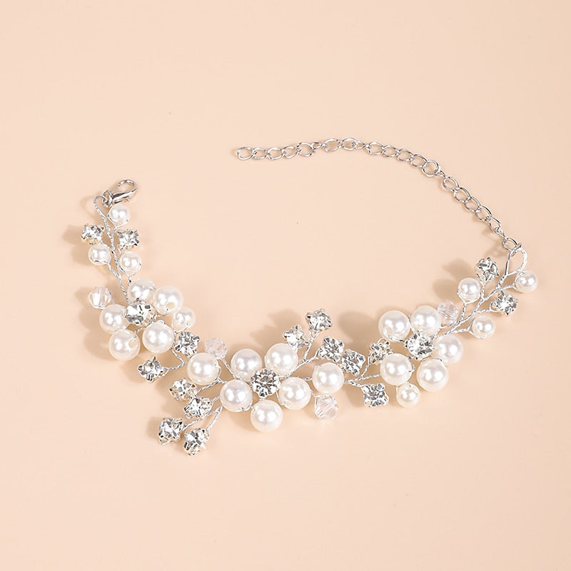 Bridal Pearl Flower Wire Bracelet, Rhinestone Floral Bracelet for Wedding or Prom, Bride or Bridesmaid Jewelry - KaleaBoutique.com