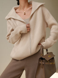 Women's Khaki Ribbed Zip-Front Collared Cardigan - KaleaBoutique.com