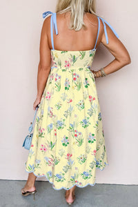 KaleaBoutique Stylish Floral Print Contrast Trim Self-tie Straps High Waist Midi Dress - KaleaBoutique.com