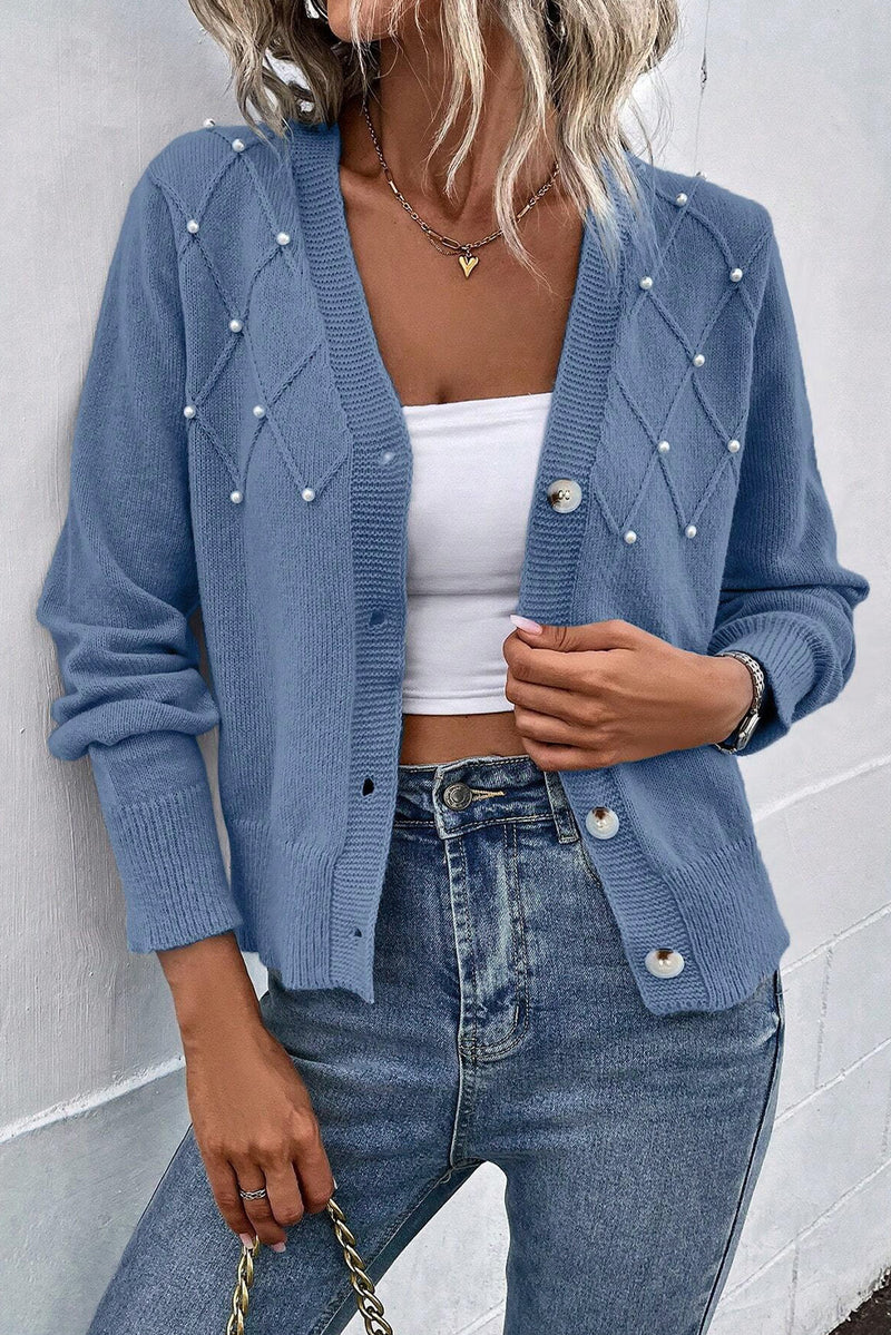 KaleaBoutique Textured Knit Pearl Beaded Button Up Cardigan - KaleaBoutique.com