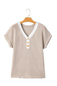 KaleaBoutique Stylish Buttoned Front V Neck Knitted T Shirt - KaleaBoutique.com