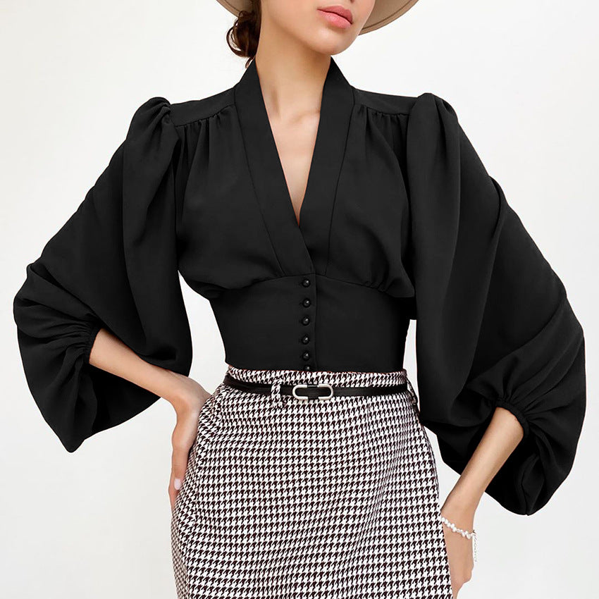 OOTN Elegant White Blouse Women Shirt Top Female Tunic V Neck Button Down Chic Casual Wine Red Blouse Lantern Sleeve Ladies - KaleaBoutique.com
