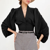 OOTN Elegant White Blouse Women Shirt Top Female Tunic V Neck Button Down Chic Casual Wine Red Blouse Lantern Sleeve Ladies - KaleaBoutique.com