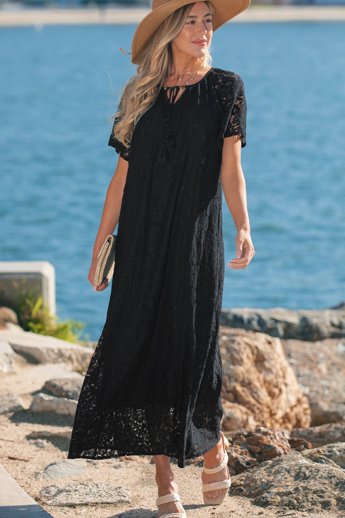 KaleaBoutique Comfortable Floral Lace Overlay Tassel Tie Short Sleeve Beach Vacation Loose Maxi Dress - KaleaBoutique.com