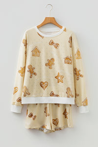 KaleaBoutique Stylish Gingerbread Man Christmas Print Long Sleeve Pullover Lounge Short Set - KaleaBoutique.com