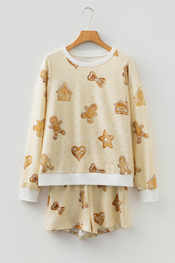 KaleaBoutique Stylish Gingerbread Man Christmas Print Long Sleeve Pullover Lounge Short Set - KaleaBoutique.com