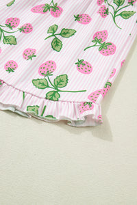 KaleaBoutique Stylish Striped Strawberry Print Lapel Shirt Drawstring Shorts 2pcs Pajama Set - KaleaBoutique.com