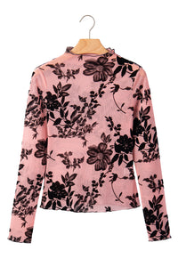 KaleaBoutique Stylish Retro Floral Print Mesh Long Sleeve Pullover Blouse - KaleaBoutique.com