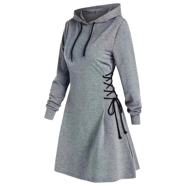 Women's Lace-Up Waist Hooded Long-Sleeve Mini Dress - KaleaBoutique.com