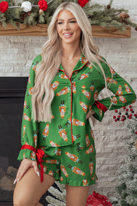 KaleaBoutique Stylish Christmas Candy Contrast Trim Bow Knot Silky 2pcs Pajama Set - KaleaBoutique.com