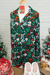 KaleaBoutique Stylish Festive Bow Print Long Sleeve Shirt and Pajama Short Set - KaleaBoutique.com