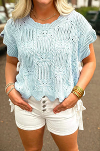 KaleaBoutique Stylish Pointelle Knit Patterned Scalloped Trim Short Sleeve Sweater - KaleaBoutique.com