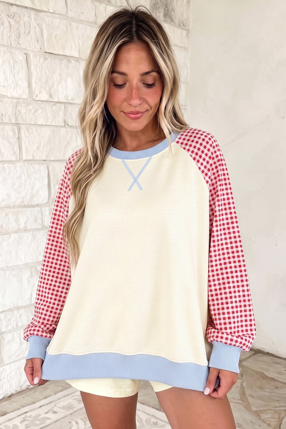 KaleaBoutique Comfortable Plaid Sleeve Colorblock Raglan Pullover Sweatshirt - KaleaBoutique.com