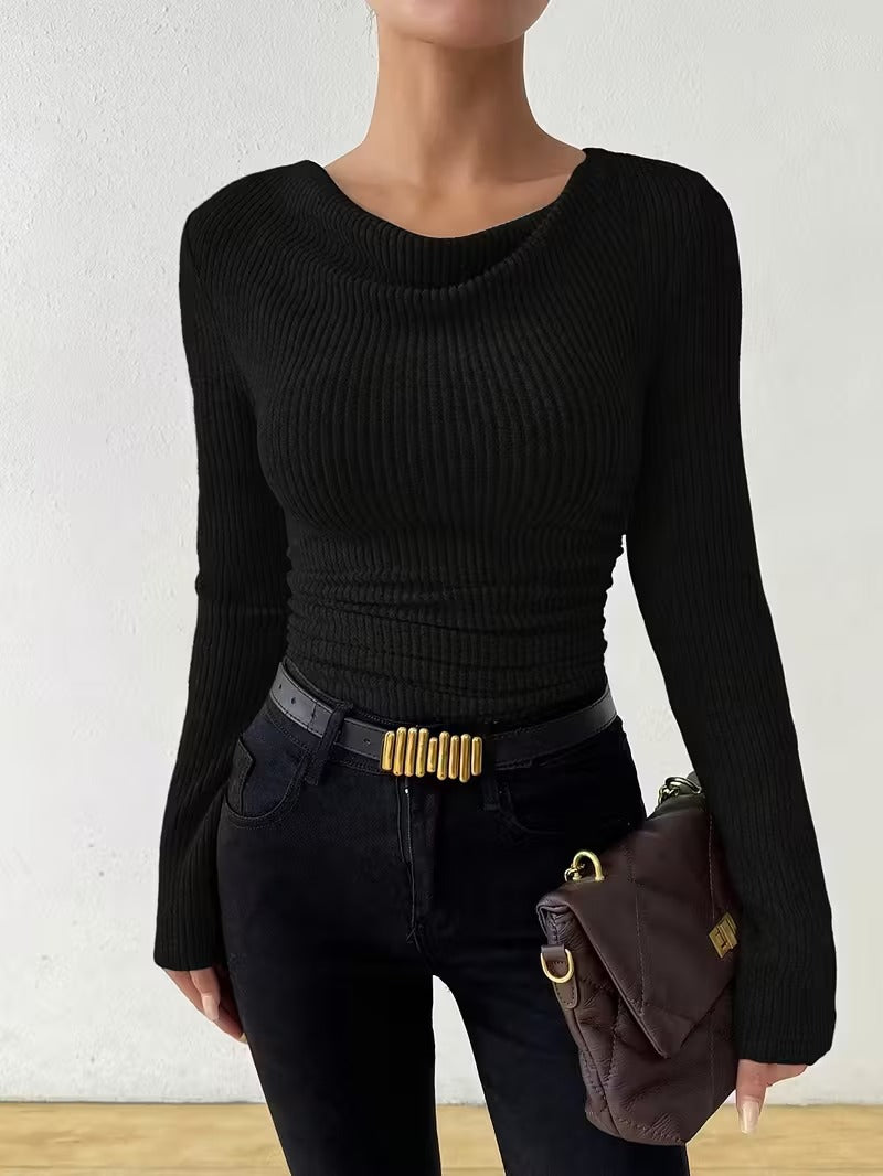 Women's Ribbed Cowl-Neck Long-Sleeve Pullover Sweater - KaleaBoutique.com