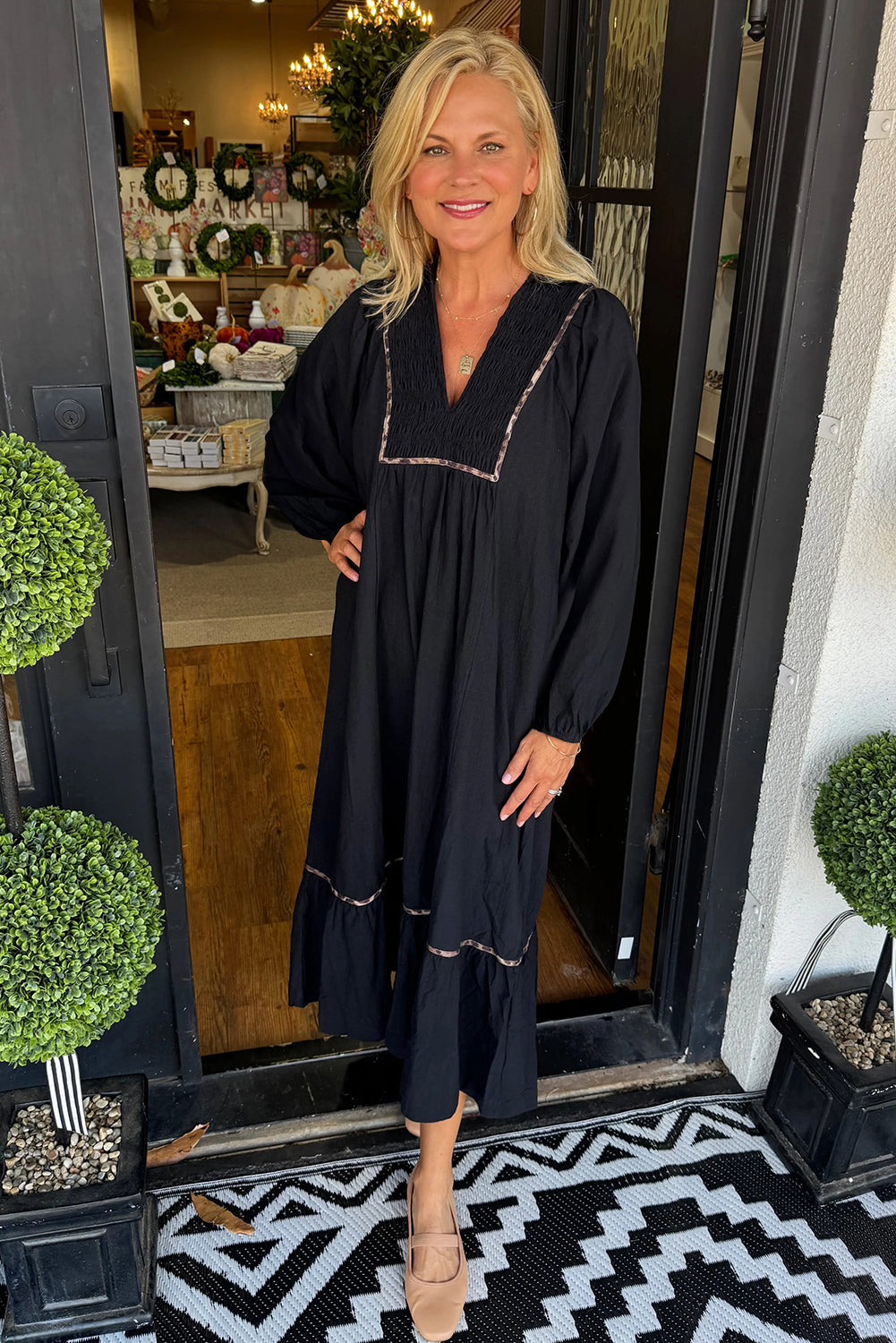Collared V Neck Smocked Detail Contrast Leopard Trim Bracelet Sleeve Long Dress - KaleaBoutique.com