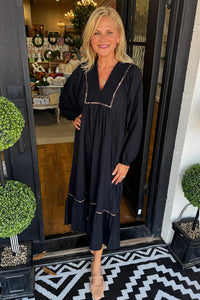 Collared V Neck Smocked Detail Contrast Leopard Trim Bracelet Sleeve Long Dress - KaleaBoutique.com
